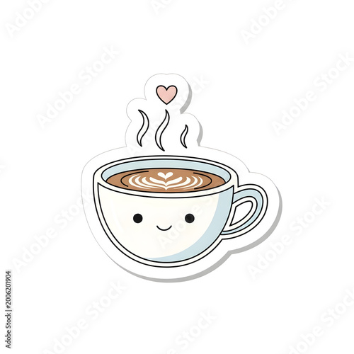 Cute Smiling Latte Cup Sticker with Heart Shaped Foam and Steam