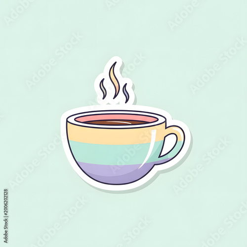 Pastel Rainbow Steaming Coffee Cup Sticker on Mint Green Background