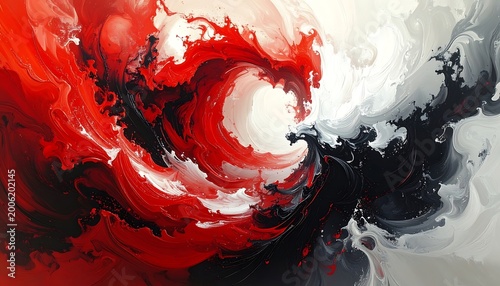 A swirling abstract design with red, white, and black colors (1)
