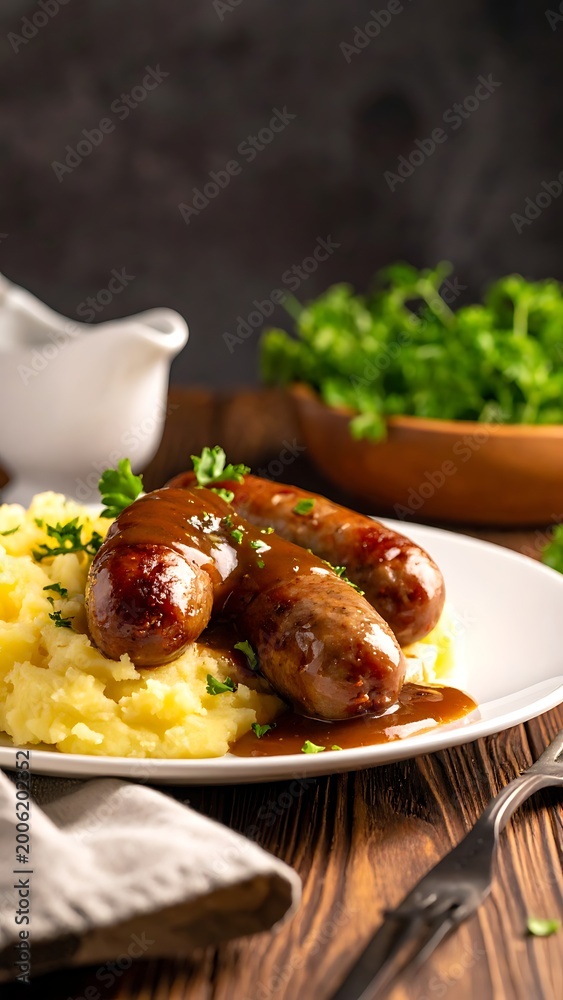Naklejka premium A plate of sausages on mashed potatoes with gravy and herbs