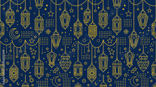 Intricate gold and blue lanterns pattern featuring ornate arabesque motifs for decorative design and textile graphics.