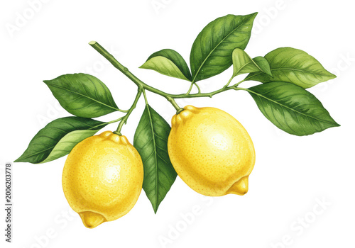 A single lemon branch with plump yellow lemons and vibrant green leaves, watercolor illustration, hand-painted with fine brushstrokes, isolated on a bright white background, concept of Mediterranean