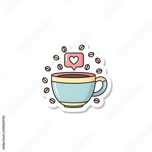 Cute Pastel Coffee Cup Sticker Surrounded by Beans and Heart Symbol