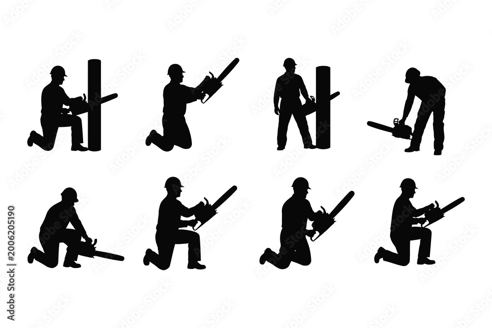 Naklejka premium Lumberjack silhouette collection eight dynamic poses with chainsaws and logs
