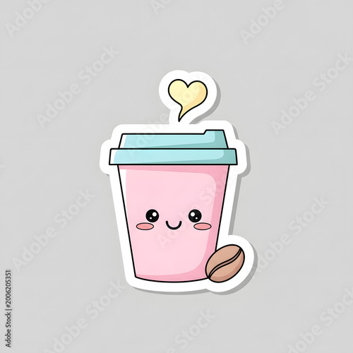 Cute Pink Takeaway Coffee Cup Sticker with Heart and Coffee Bean