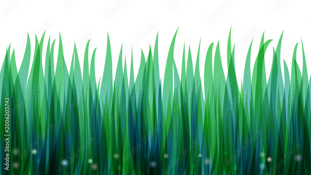 Obraz premium Horizontal seamless green grass border with fireflies on transparent background. Vector fantasy lawn landscape with magical glowing lights. Endless summer meadow for panoramic design and eco decor.