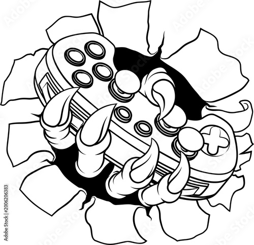 A video gamer game gaming controller claw of an eagle or animal monster hand holding games control sports illustration
