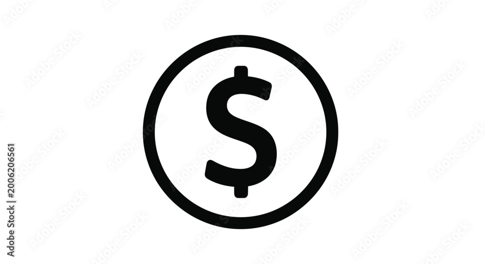 Obraz premium A simple black and white graphic depicts a dollar sign enclosed within a bold circular frame