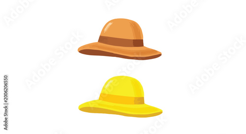 Two colorful sun hats are illustrated one orange and one yellow with dark bands