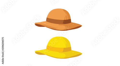 Two brightly colored sun hats are displayed one orange and one yellow with dark bands
