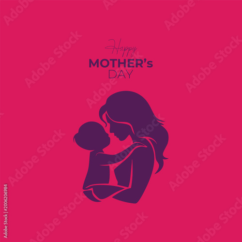 Elegant Happy Mother's Day greeting card design with Mother holding baby silhouette icon vector for motherhood and parenting concept.