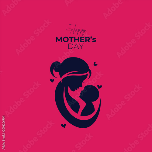 Artistic Mother and baby silhouette emblem with heart accents featuring mom and infant in a heart-shaped embrace.
