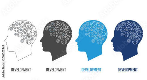Photos Four stages of brain development illustrated with profile views filled with gear
