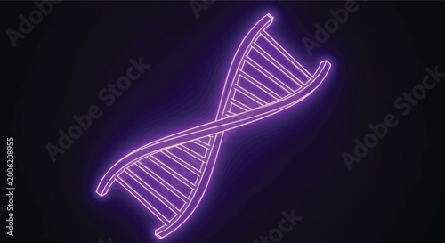 A glowing purple neon representation of a dna double helix structure against a dark background