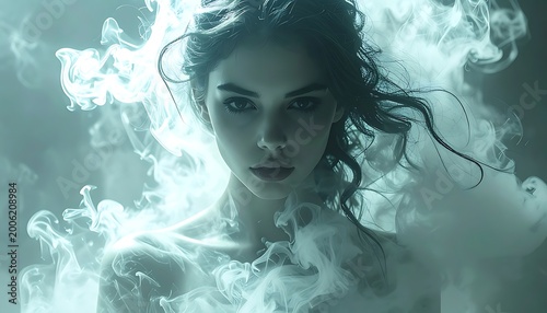A woman surrounded by swirling smoke and light