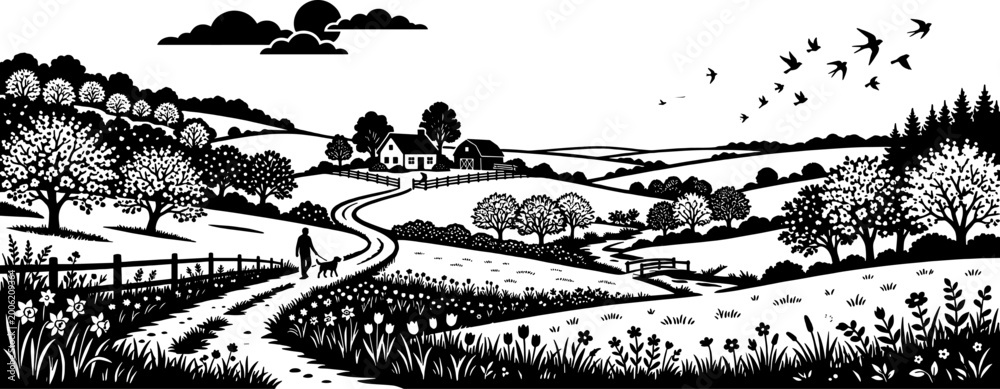 Obraz premium Detailed countryside landscape silhouette with farm person walking dog and birds