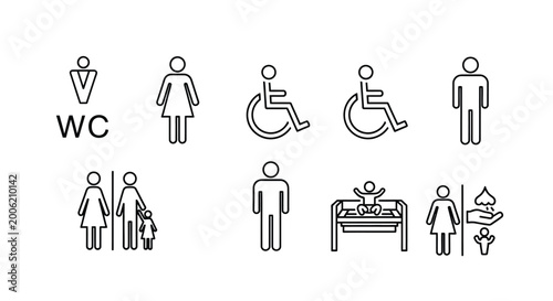 Εκτύπωση καμβά A collection of simple black line drawings depicting various restroom and access