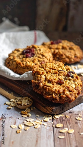 A wooden board holds oatmeal cookies with nuts and dried fruits