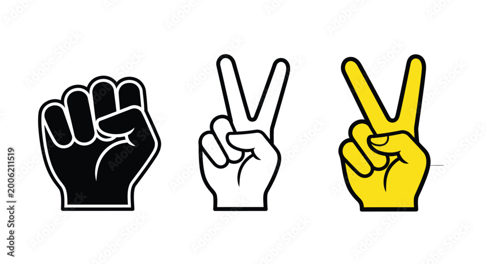 Fototapeta premium Three hand gestures are displayed a fist a peace sign and a v sign each with distinct coloration