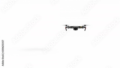 High-Tech Drone in Mid-Air Against Minimalist White Background