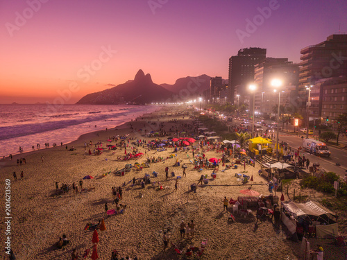 Beautiful aerial view to sunset in Ipanema Beach, Rio de Janeiro
