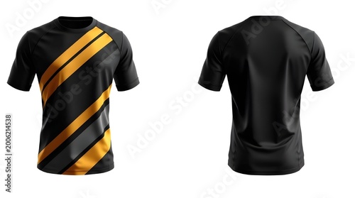 Front and back view of a black t-shirt with golden diagonal stripes, professional mockup for apparel design presentation and e-commerce