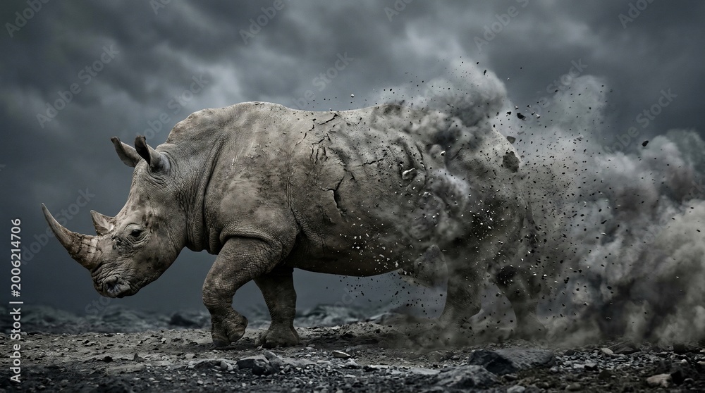 Fototapeta premium A rhinoceros walking through a storm of dust and debris.