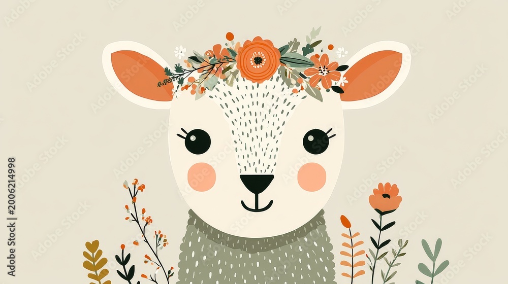 Naklejka premium Cheerful Cartoon Llama with Flower Crown Whimsical Nature Illustration for Children’s Decor and Branding