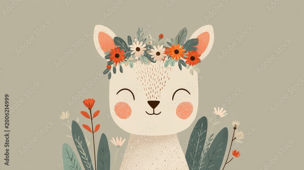 Naklejka premium Cheerful Cartoon Llama with Flower Crown Whimsical Nature Illustration for Children’s Decor and Branding