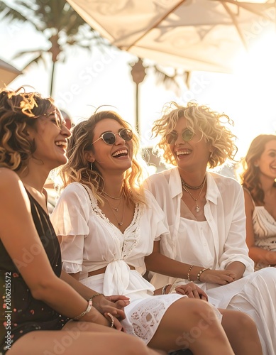 A sunny outdoor gathering of smiling women in casual summer attire
