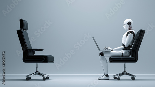 Robot sits in chair and works on laptop in modern room with empty opposite chair