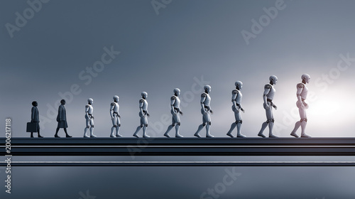 Humans and robots walk in a line, showing a change in movement and form in a futuristic setting with soft lighting