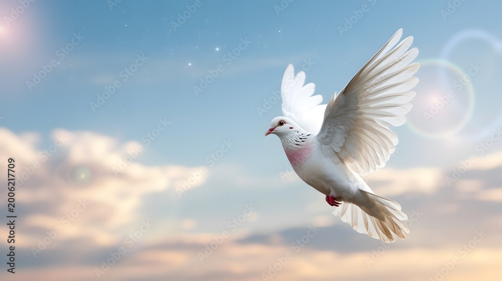 Fototapeta premium White dove flying in blue sky with clouds