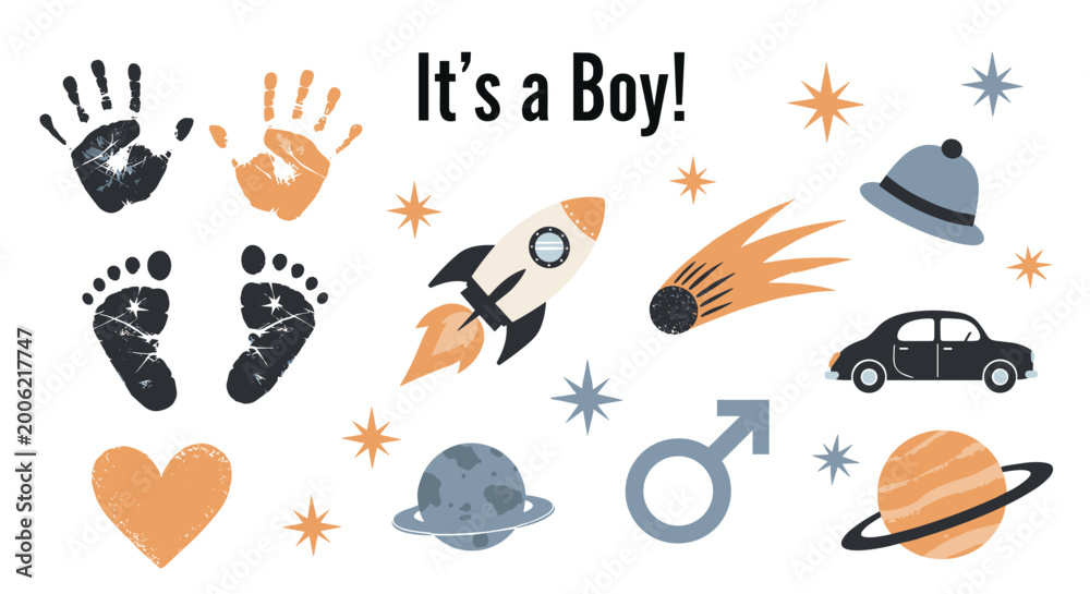 Obraz premium It is a boy announcement card featuring handprints, footprints, a rocket, planets, a car, and stars in soft blue and orange tones.