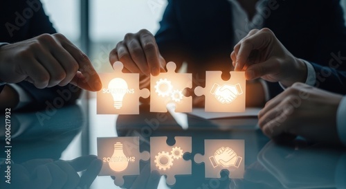 Business team connects puzzle pieces showing ideas