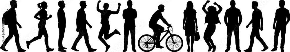 Naklejka premium Human activity row silhouettes featuring walking running and cycling