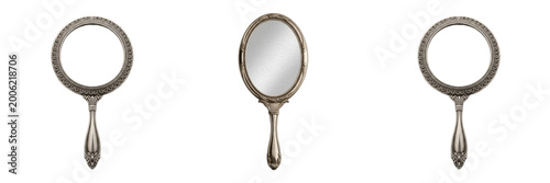 Obraz na plátne Vintage Antique Hand Mirror Isolated PNG - Luxury Beauty Accessory, Silver Frame, and Retro Fashion Graphic Design Element