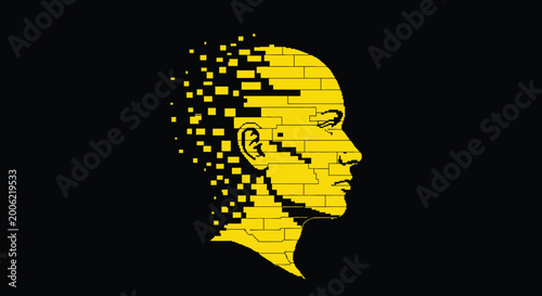 A yellow fragmented human head profile against a stark black background depicting digital disintegration