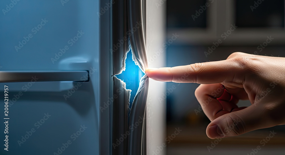 Obraz premium Person pulling open a stainless steel refrigerator door in a bright, contemporary kitchen setting. Shelves visible inside.