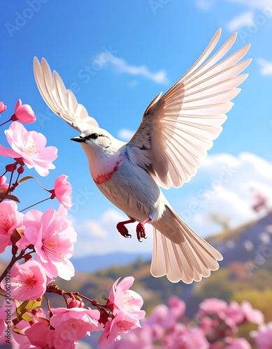 A white bird in flight near pink flowers