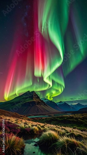 Vibrant aurora borealis over mountainous landscape