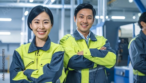 Two workers smiling in a factory setting