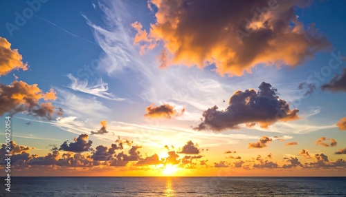 Vibrant sunset over calm ocean waters with scattered clouds (1)