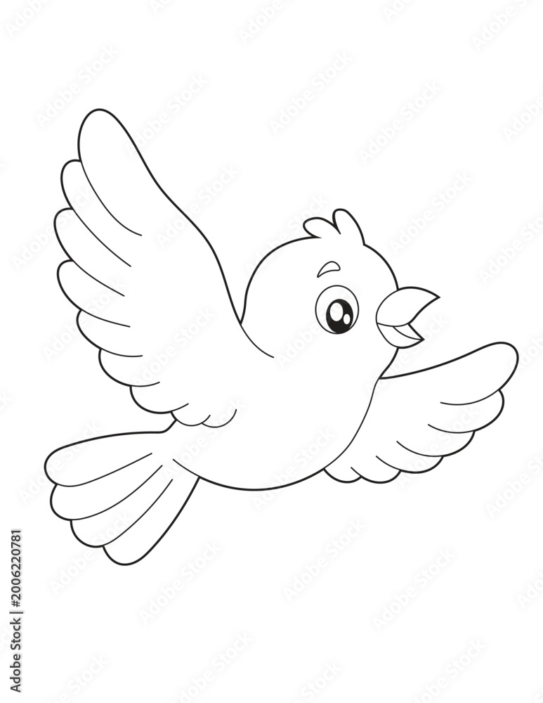 Fototapeta premium Flying Bird Coloring Page for Kids. Cartoon Bird with Open Wings Simple Easy Outline. Black and White Printable Activity Sheet
