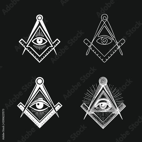 Collection of Masonic Square and Compasses with All-Seeing Eye symbols in various artistic styles, featuring geometry and spiritual themes.