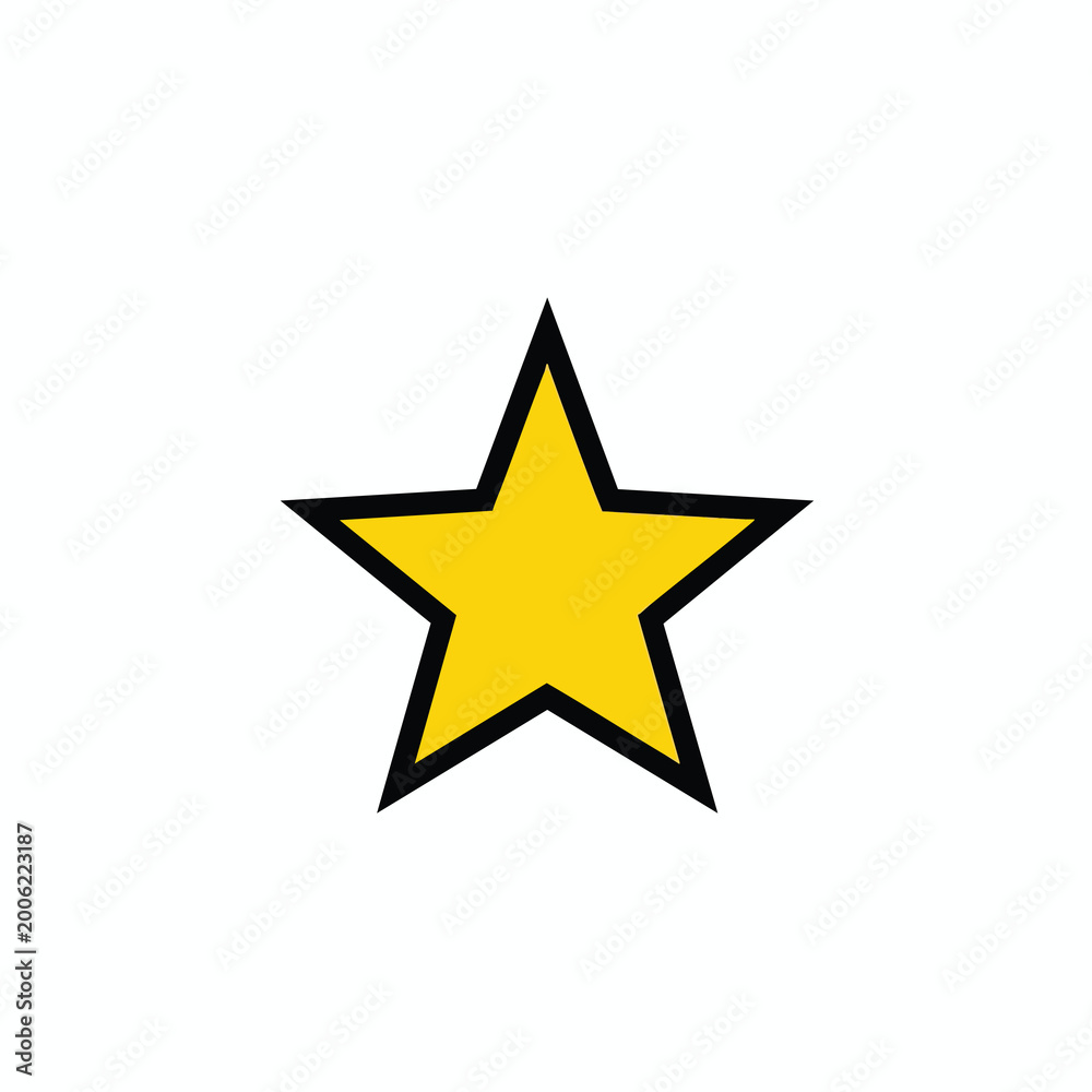 Fototapeta premium Yellow five pointed star with black outline isolated on white background.