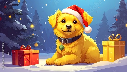 A yellow dog in a Santa hat lies on snow with presents