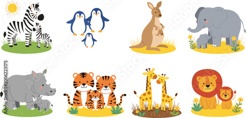 Foto Cute wild animals collection with zebra, penguin, kangaroo, elephant, rhino, tig