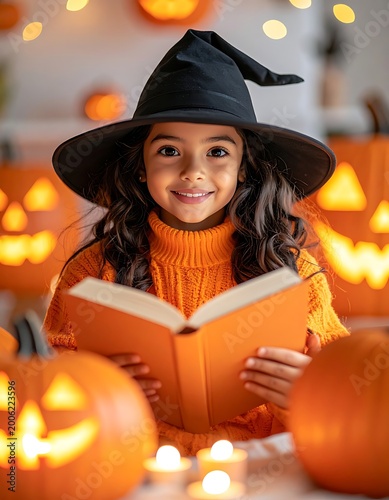 A young girl in a witch hat reads an orange book among jack-o-lanterns