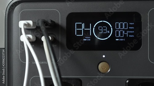 Close up of portable power station display showing battery level and multiple connected cables. Concept of energy monitoring, backup electricity and power management at home or office.